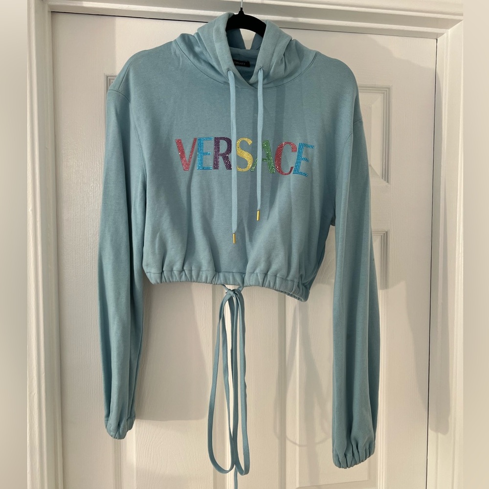 Versace Cropped Drawstring Hoodie Sweatshirt with Multicolor Logo 38 Small